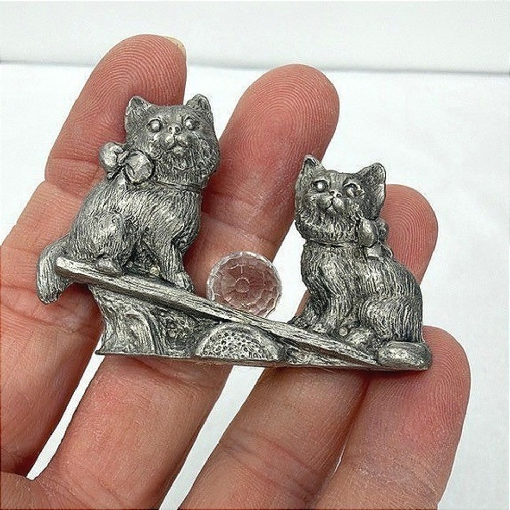 Pewter Kittens on Sewsaw Figurine Crystal Ball Vintage Decor Miniature Trinket